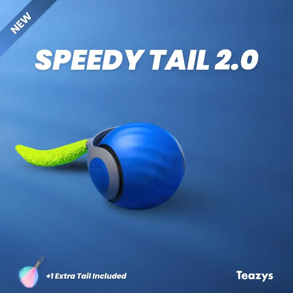 The vibrant blue spherical toy with a green textured tail, labeled "Speedy Tail 2.0," features "+1 Extra Tail" and is presented by Teazys. It carries the unique identifier A9689468600663 for easy reference.