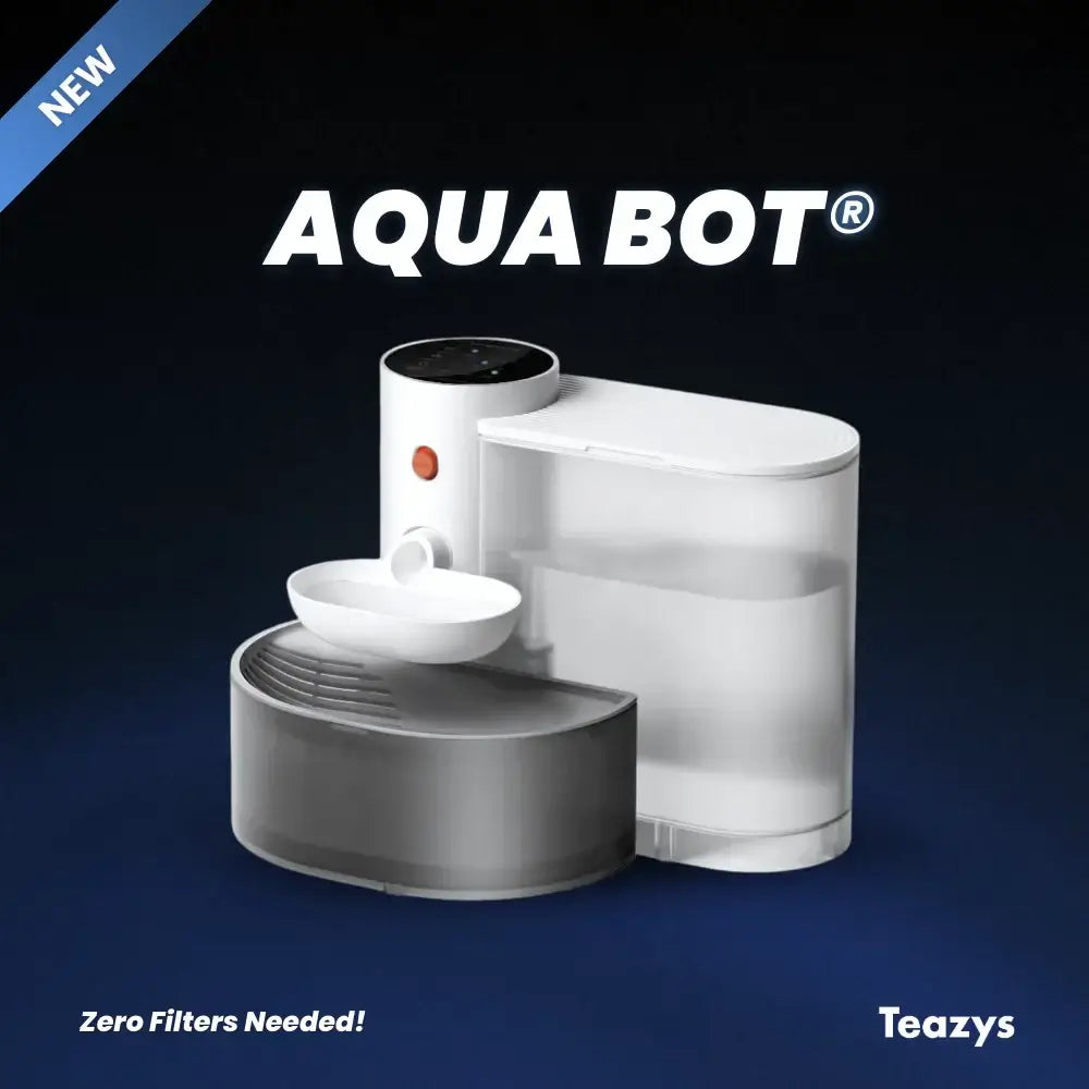 Image of a white Aqua Bot device with a sleek design, featuring buttons and a water reservoir. Text reads "New" and "Zero Filters Needed!" with the brand name "Teazys.