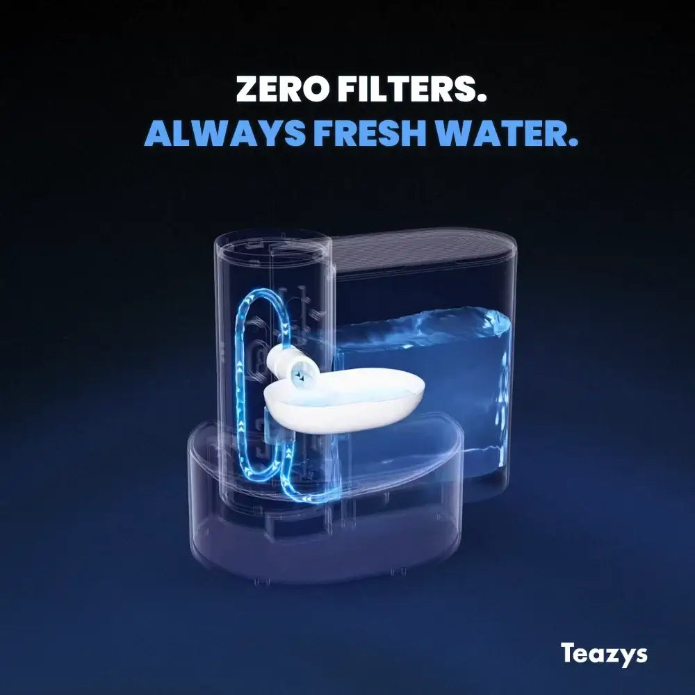 Image of a transparent AQUA BOT water purifier with labeled features "Zero Filters" and "Always Fresh Water." The brand name "Teazys" is visible in the corner.