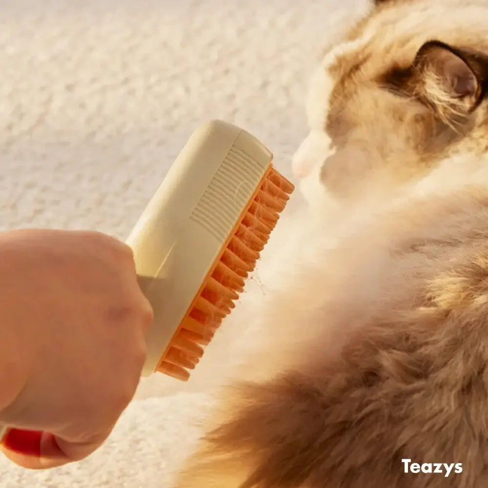 A cat enjoys the gentle strokes of a CLOUD CARE BRUSH in soothing cream as its fur is tenderly groomed.