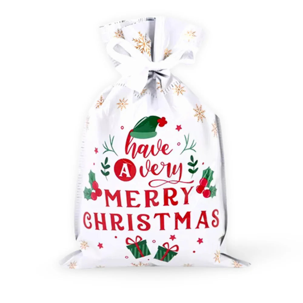 White gift bag with "Have a Very Merry Christmas" in red and green text, decorated with holly, snowflakes, and gift illustrations.