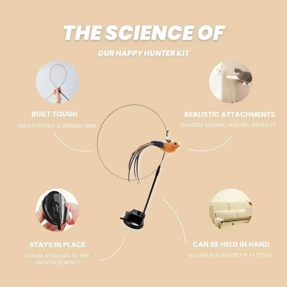 Check out the HAPPY HUNTER KIT: an infographic of a cat toy with a flexible wire and bird attachment, known for its durability, realism, and ability to stay in place. Handheld for diverse play styles—ideal for tapping into your cat's inner predator.