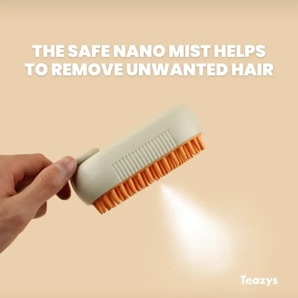 A hand holds the CLOUD CARE BRUSH, a cutting-edge tool emitting a nano mist through vivid orange bristles, engineered for gentle and effective unwanted hair removal.