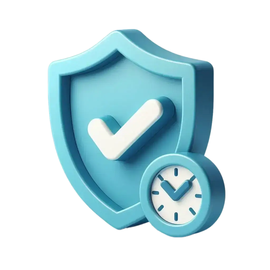 Blue shield with a check mark, accompanied by a clock symbol, indicating security and time management.