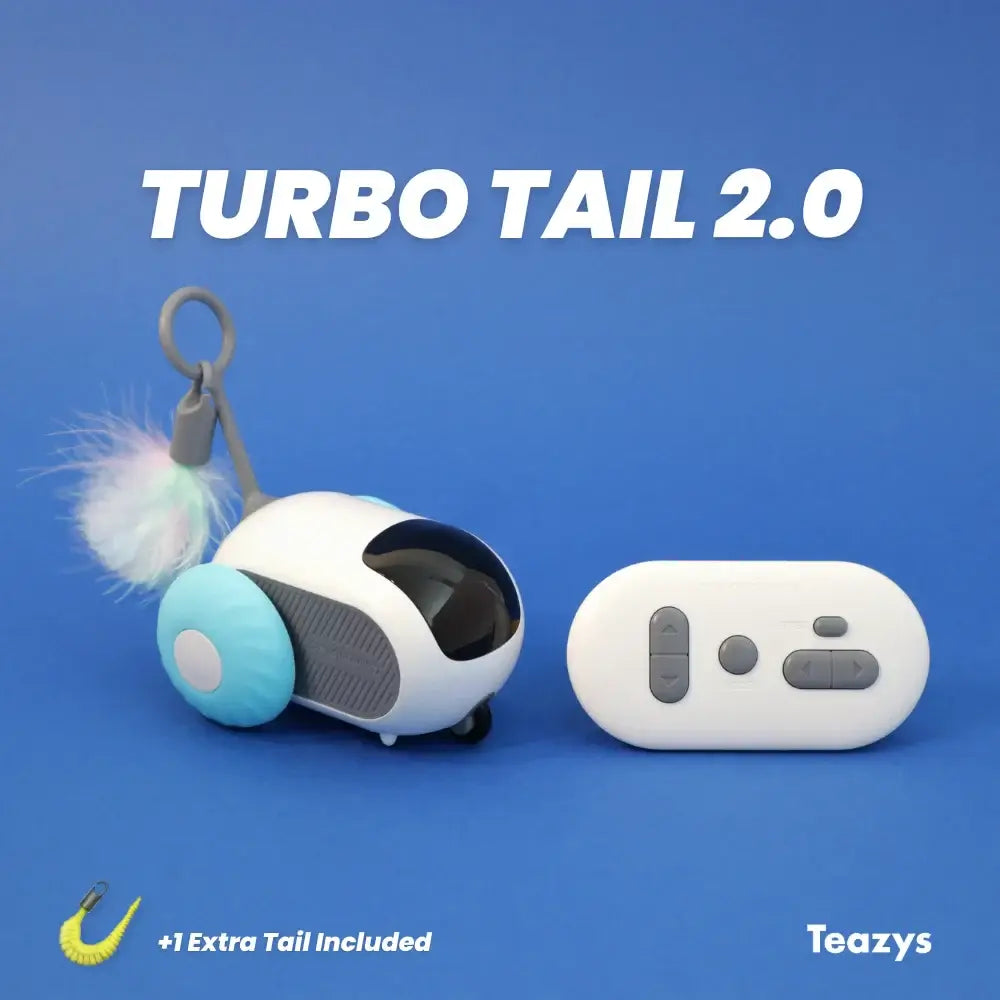 A small toy with wheels and a fluffy tail sits next to a remote control on a blue background. Text reads "Import placeholder for A8928293716311" and "+1 Extra Tail Included." This playful toy will spark endless fun!.