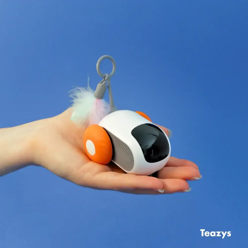 A person holds a small, round white and orange toy car with TURBO TAIL 2.0 and a keychain attachment against a blue background.