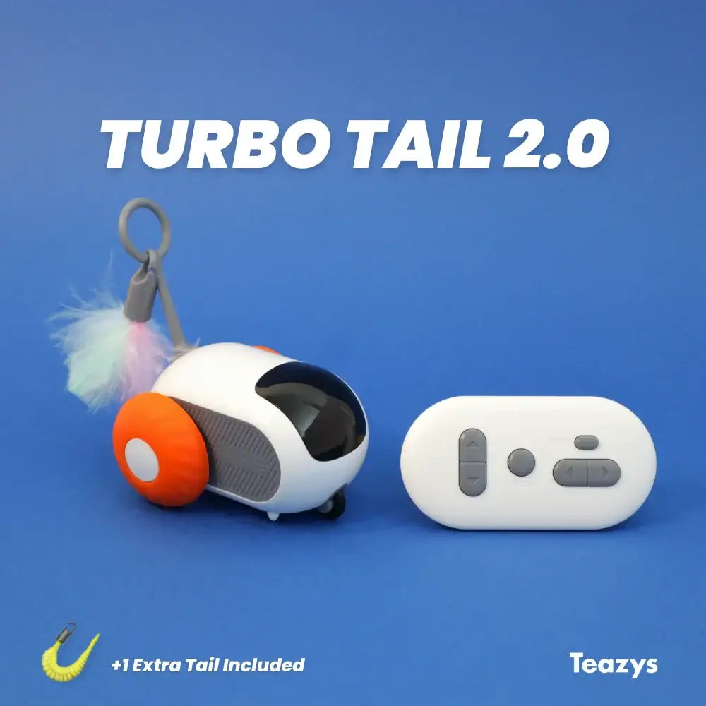 A fluffy-tailed toy car with a separate remote is set against a blue background. The text reads "TURBO TAIL 2.0" with "+1 Extra Tail Included," and the playful package is completed by the brand name "Teazys.