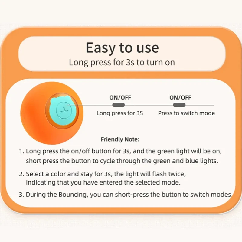 Explore the ROJECO Cat Toys Smart Interactive Cat Bouncing Ball with the orange button. Short press to activate it, long press to switch modes—perfect for cat toys and ensuring endless fun for your pet.