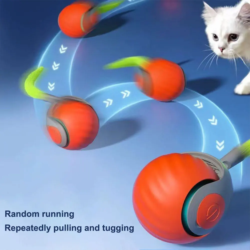 A white cat watches the Speedy Tail 2.0, an electric rolling red ball with a feather, leaving a motion trail on a blue background. Text reads: "Random running. Repeatedly pulling and tugging." Perfect for curious cats who love interactive toys.