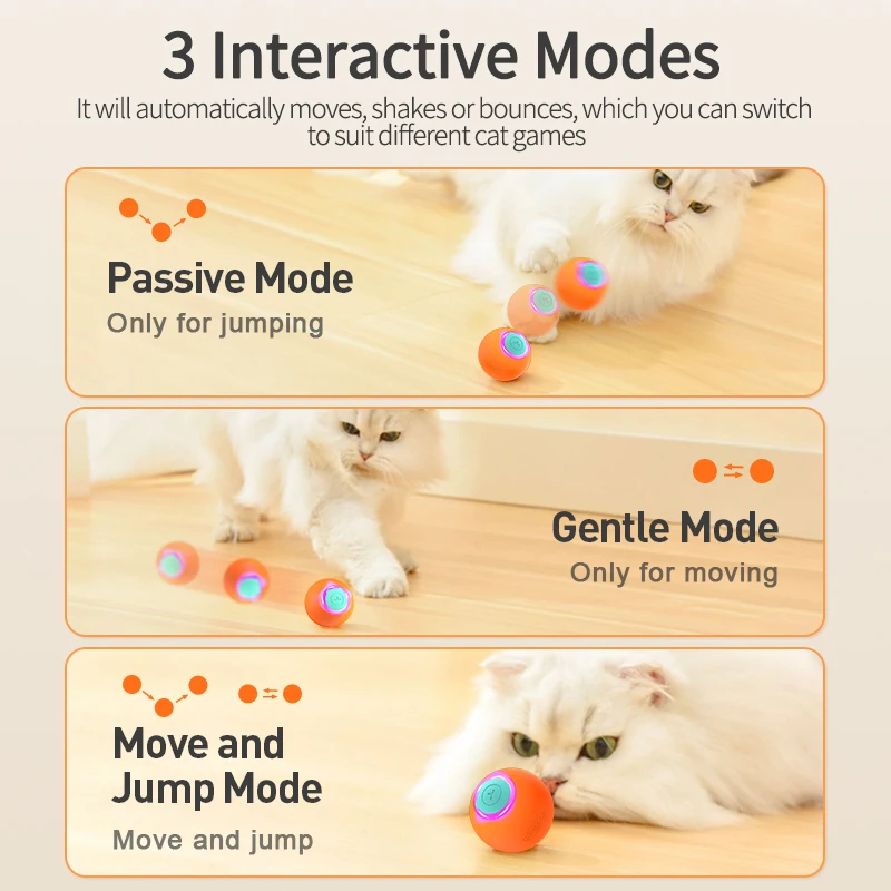 The ROJECO Cat Toys Smart Interactive Bouncing Ball offers three thrilling modes: Passive Mode (jumping), Gentle Mode (moving), and Move and Jump Mode. Your feline friend will enjoy endless fun with this innovative automatic rolling ball.