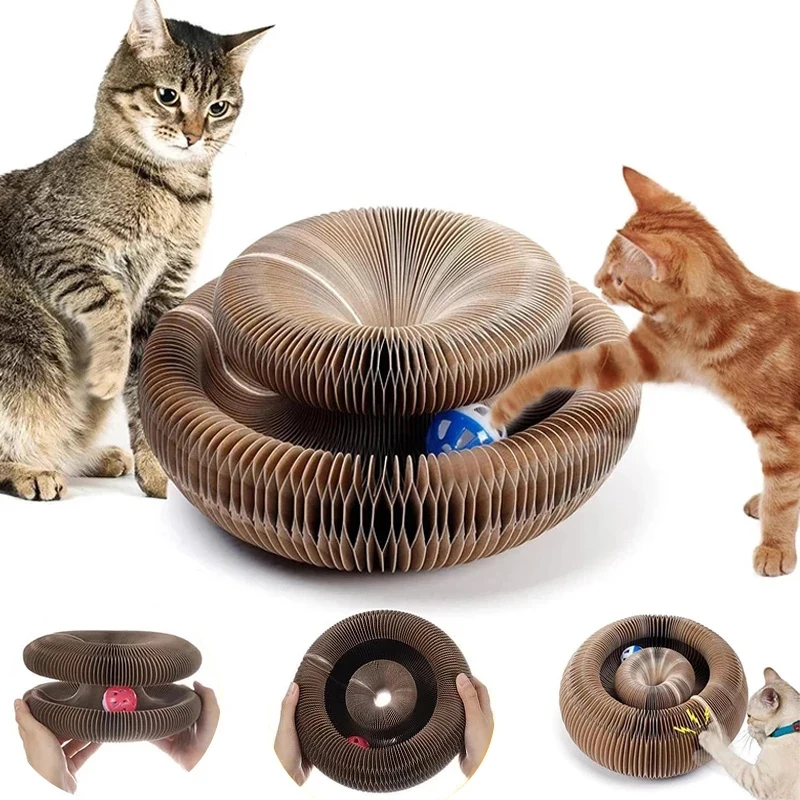 Two cats engage with the Magic Organ Cat Toy, a round, accordion-style scratch board featuring a blue ball. Below, hands display various perspectives of this thrilling cat accessory.