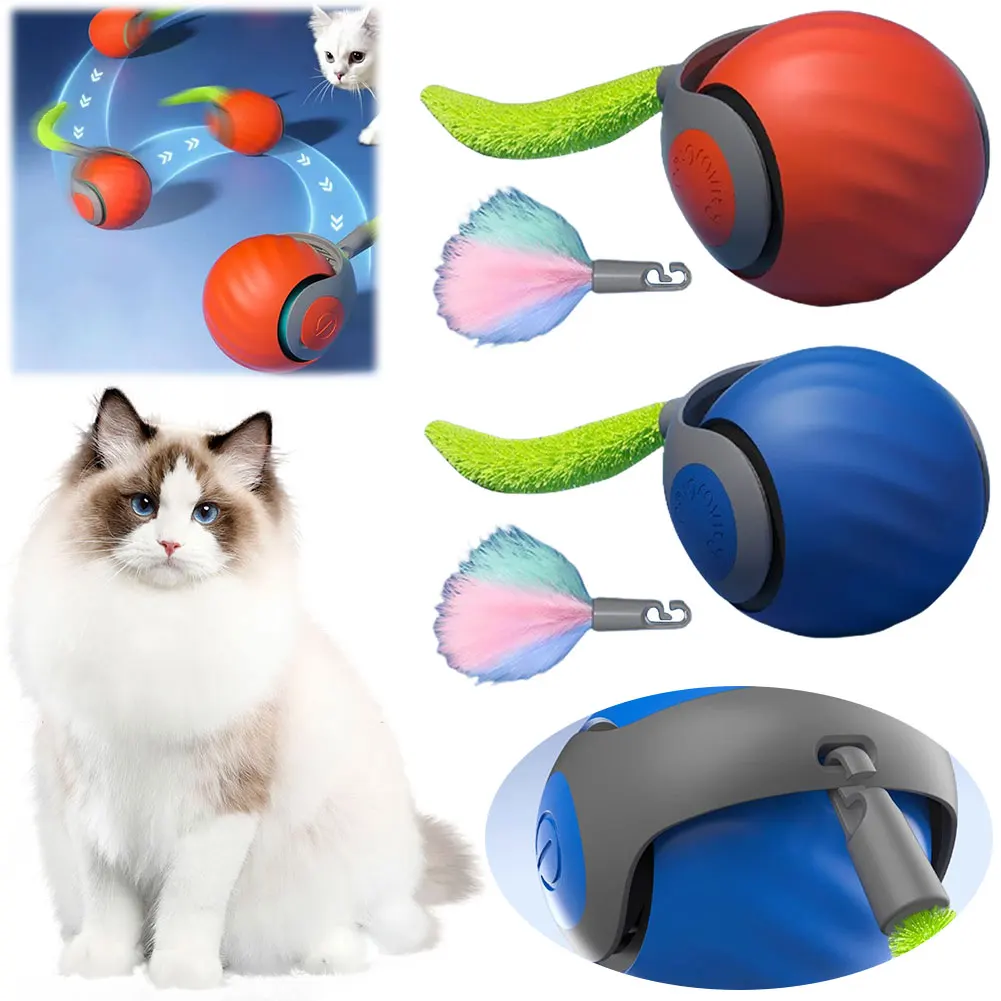 The Speedy Tail 2.0 Cat Toys feature red and blue rechargeable rolling balls with feather and green tail attachments. A curious cat observes these captivating, automatic, interactive toys.