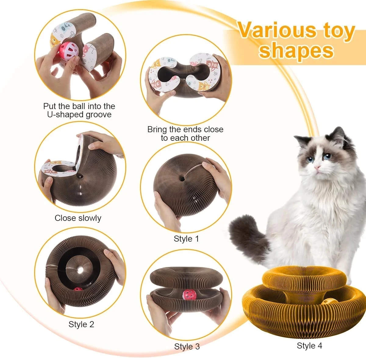 The Magic Organ Cat Toy, a premium product in our cat accessories range, features four exciting styles: a ball in a U-shaped groove looping into styles 1, 2, and 3 or separating for style 4. Ideal for curious cats, they will love scratching and playing with this innovative toy.