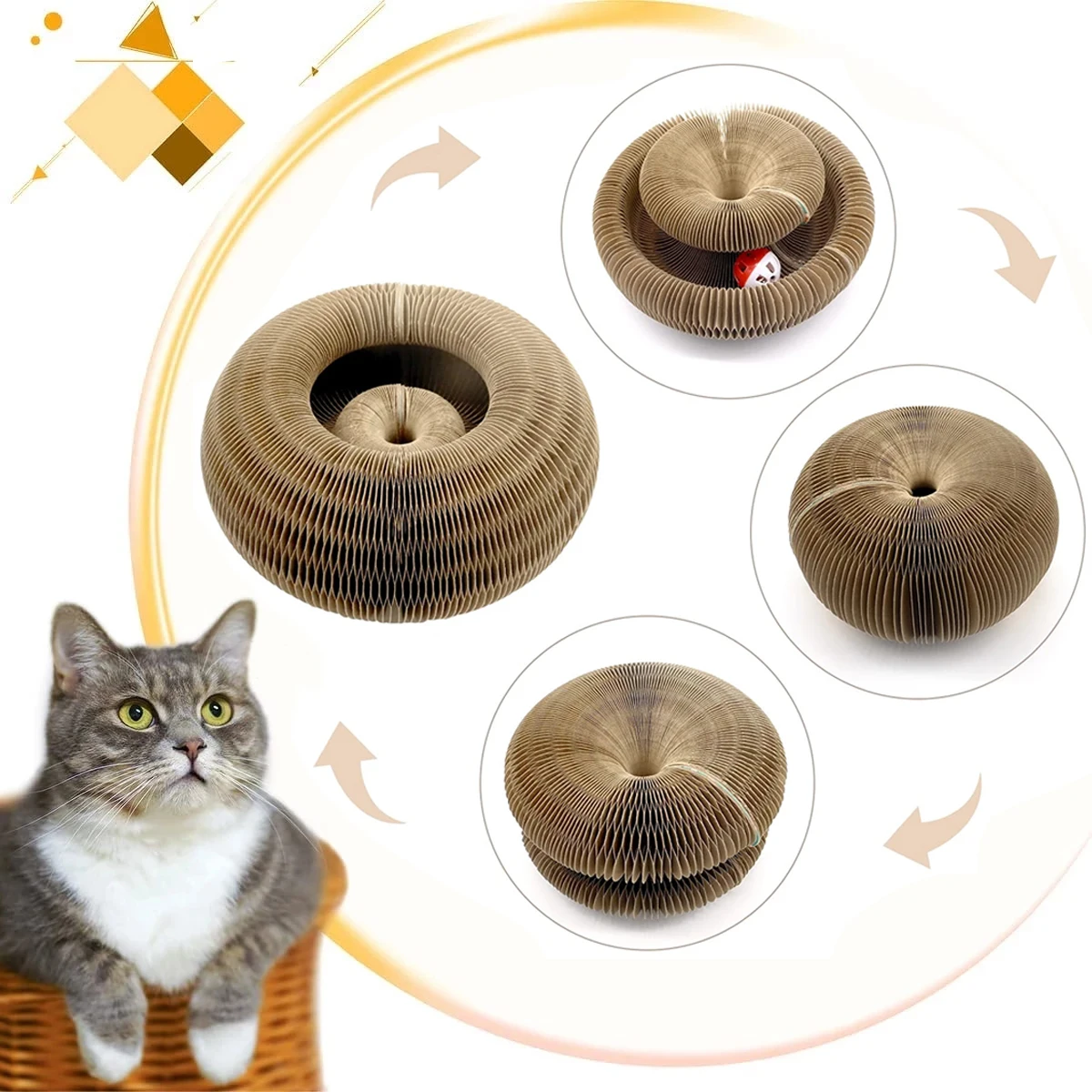 A curious cat inspects the Magic Organ Cat Toy, a brown donut-shaped scratcher that doubles as an accessory. Displayed in various configurations with arrows for rotation, this engaging toy promises hours of feline fun and activity.