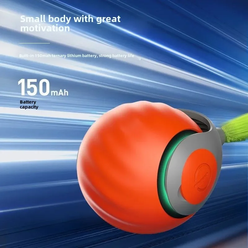 A bright orange earbud with a futuristic design is showcased against a dynamic blue background, resembling the 2024 New Interactive Cat Toy Ball Small Tail Rolling Ball Suitable for Indoor and Outdoor Play mentioned, with text featuring a 150mAh battery capacity.