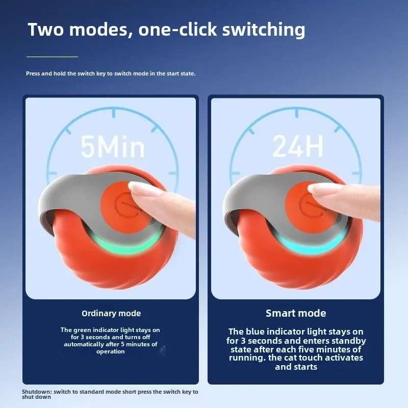 A close-up shows the two modes on the 2024 New Interactive Cat Toy Ball: "Ordinary Mode" with a 5-minute timer and "Smart Mode" with a 24-hour cycle. A hand presses a button to switch modes, similar to choosing play settings on an interactive cat toy.